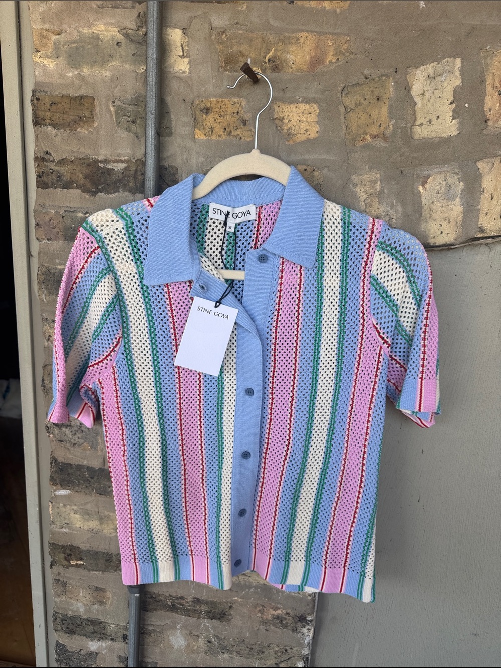 STINE GOYA Pastel Multi-Stripe Knit Polo Top - Blue Collar